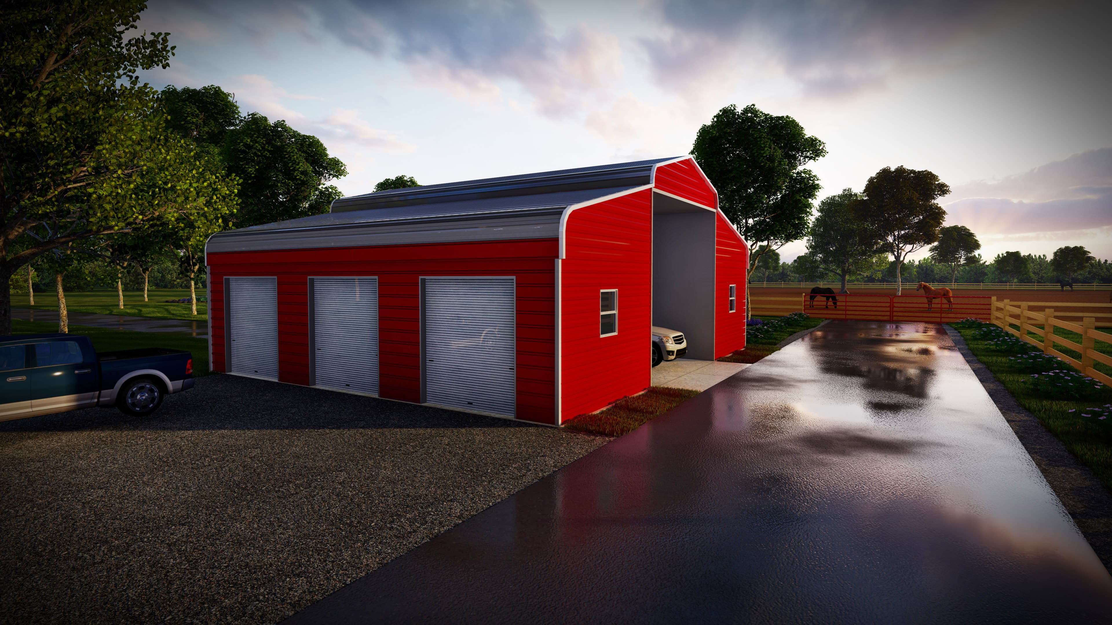 Horse barn regular roof style. Main unit 18&#8242; wide x 35&#8242; long and 12&#8242; tall