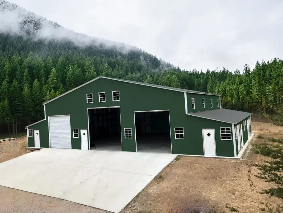 Outside Fully Enclosed Barn 84′ Wide x 48′ Long x 16′ / 9′ Tall