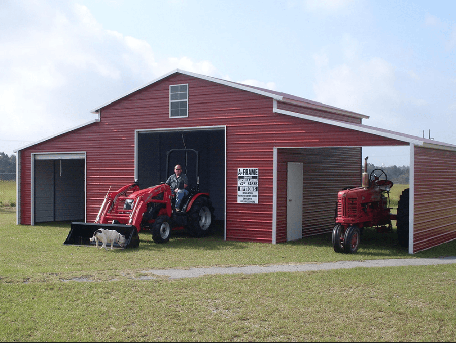 Carolina box eave roof style. Main unit 24′ wide x 20′ long x 13′ tall fully enclosed