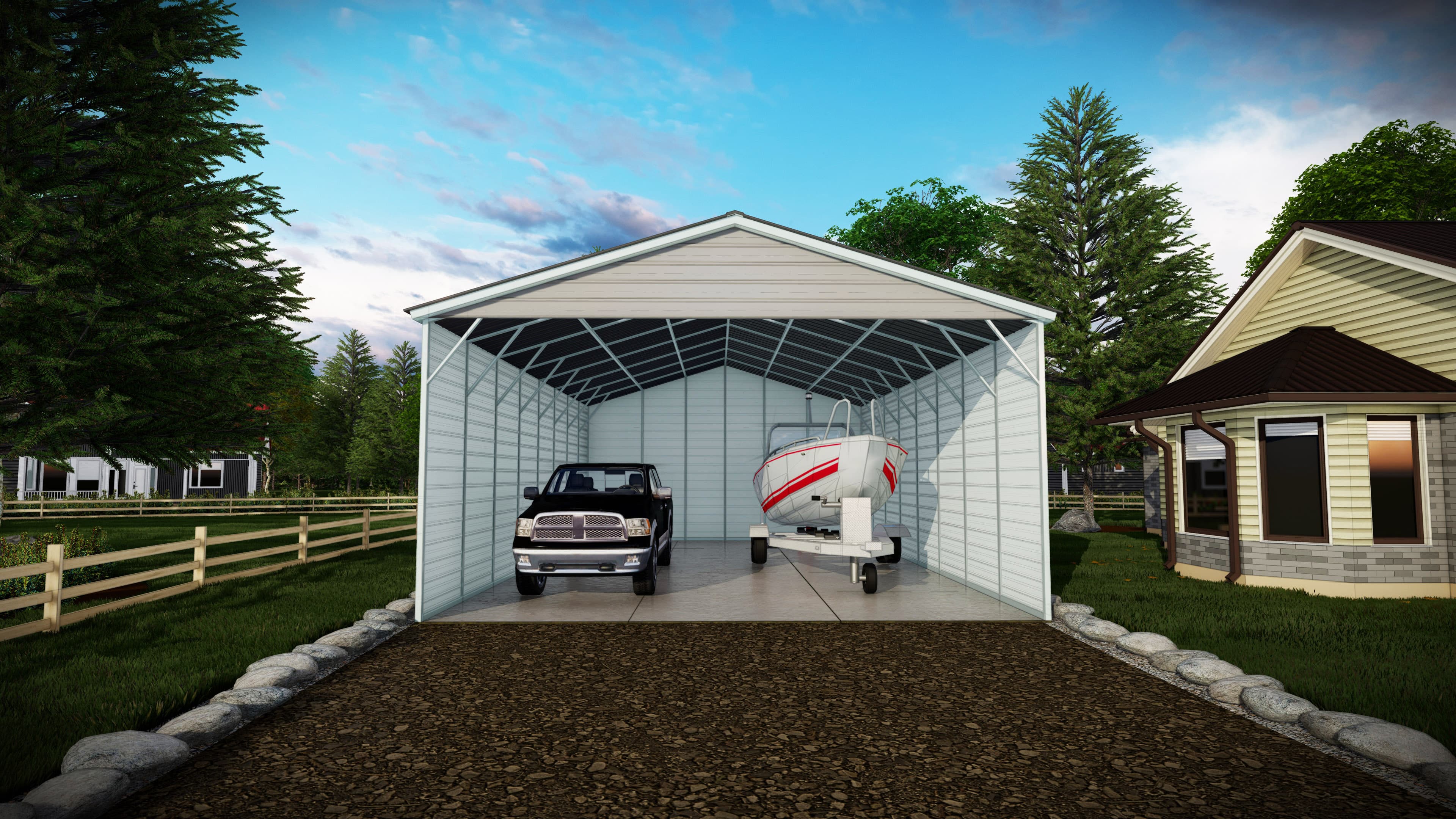 Vertical roof style both sides and back end enclosed with gable on front.