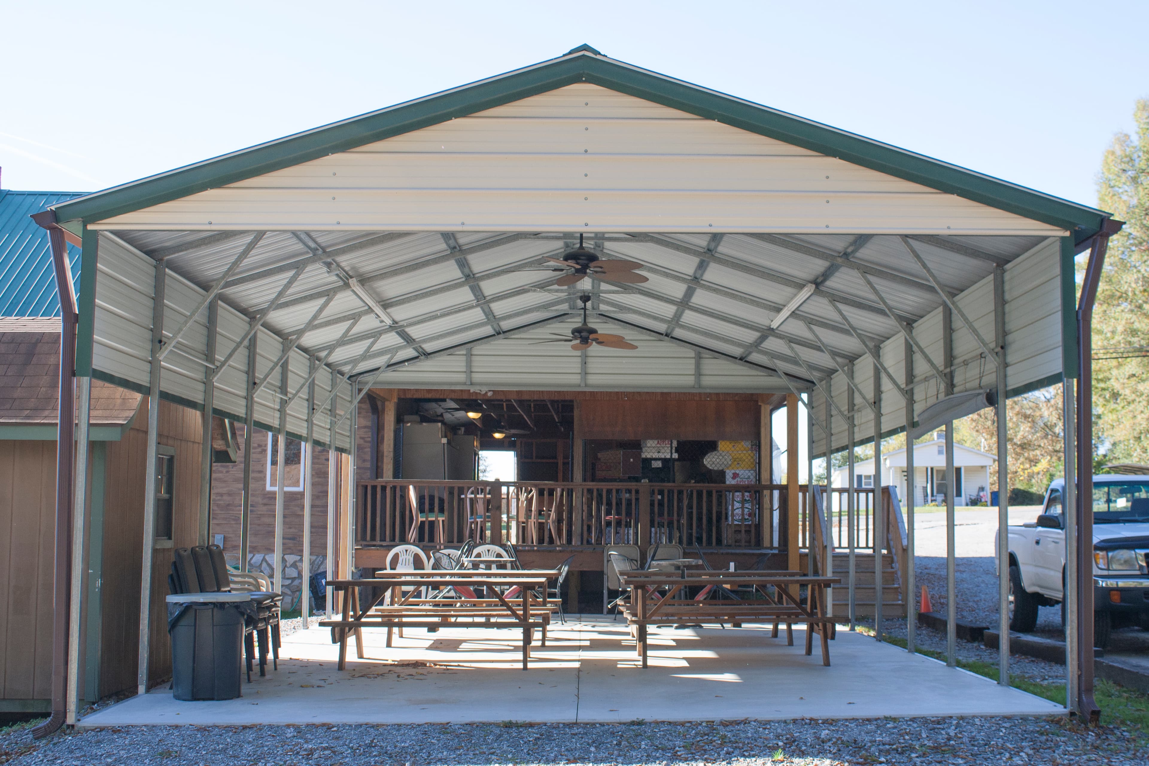 Vertical roof style with a 3′ panel each side and gables closed
