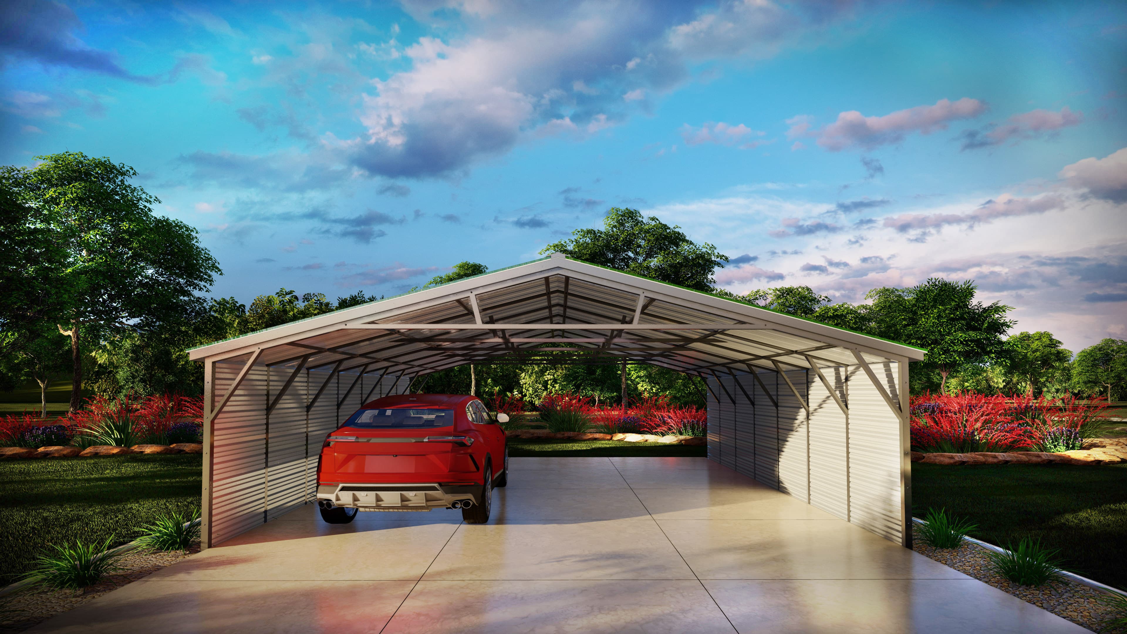 Vertical roof style triple wide with sides enclosed
